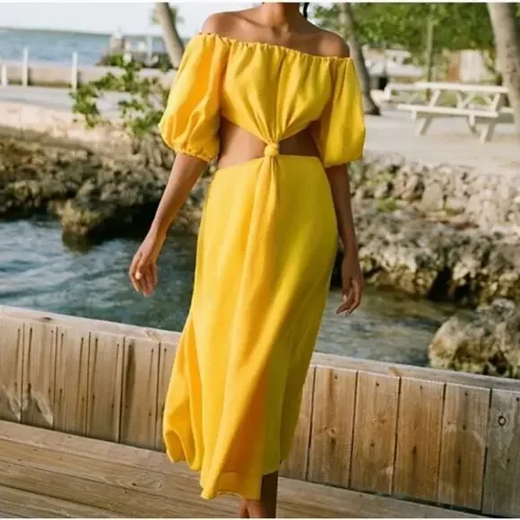 Farm Rio Linen Blend Yellow Off The Shoulder Cut Out Short Sleeve Midi Dress  XS